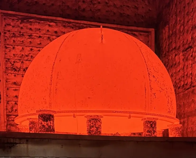 Fabricated steel vessel glowing during in-house normalising heat treatment