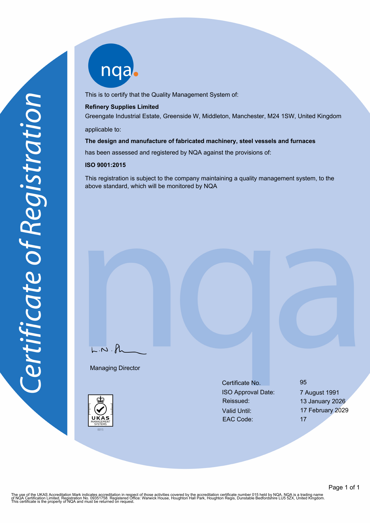 NQA ISO 9001:2015 quality management certificate for Refinery Supplies Limited, valid until 17 February 2029